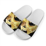 Golden Rooster Print White Slide Sandals