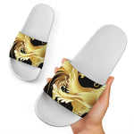 Golden Rooster Print White Slide Sandals