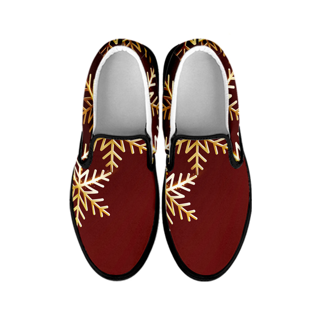 Golden Snowflake Print Black Slip On Shoes