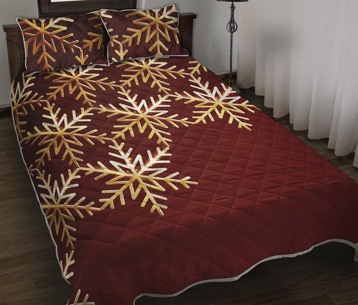 Golden Snowflake Print Quilt Bed Set