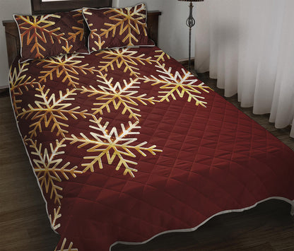 Golden Snowflake Print Quilt Bed Set