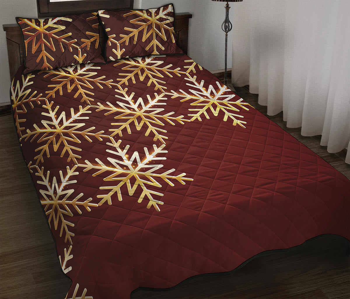Golden Snowflake Print Quilt Bed Set