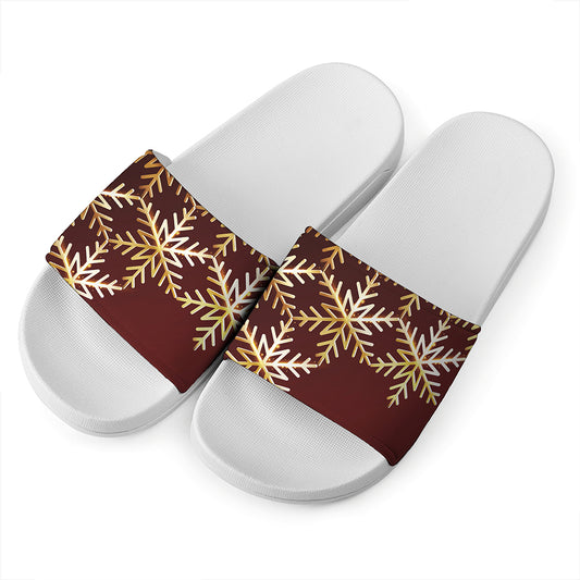 Golden Snowflake Print White Slide Sandals