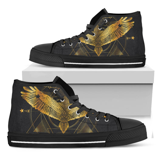 Golden Spiritual Bird Print Black High Top Shoes