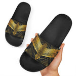 Golden Spiritual Bird Print Black Slide Sandals