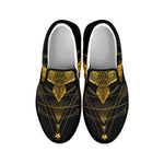 Golden Spiritual Bird Print Black Slip On Shoes