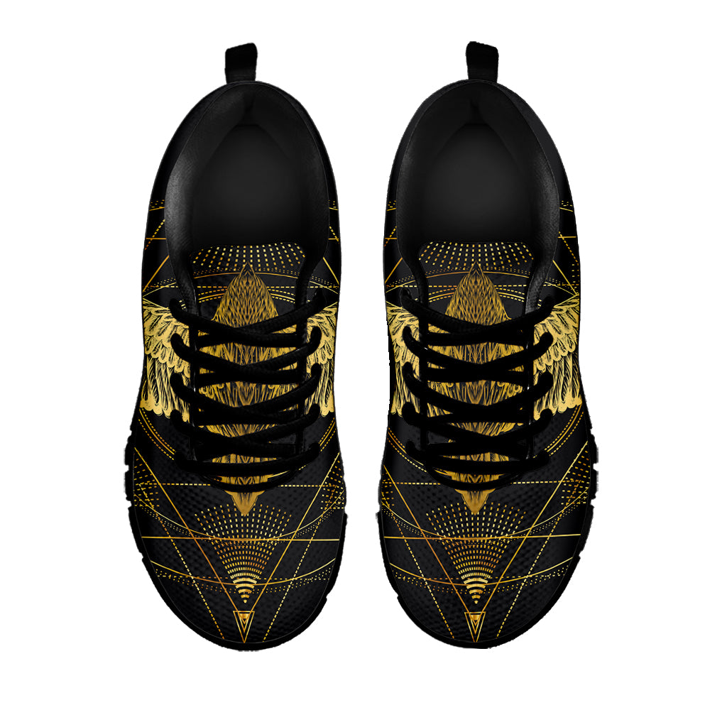 Golden Spiritual Bird Print Black Sneakers