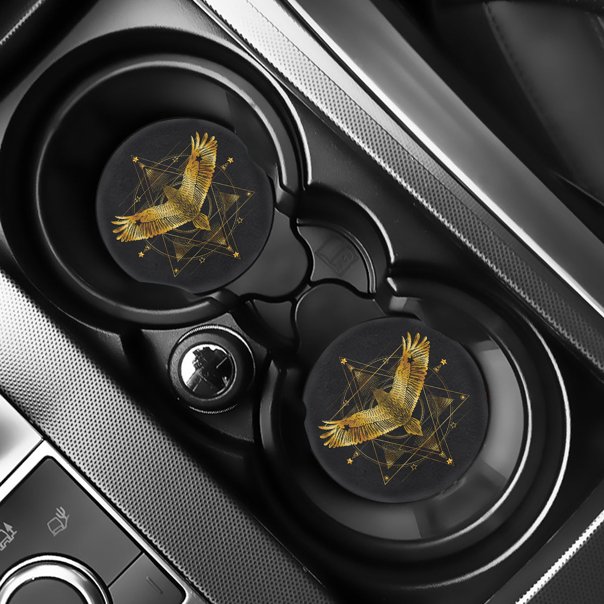 Golden Spiritual Bird Print Car Coasters