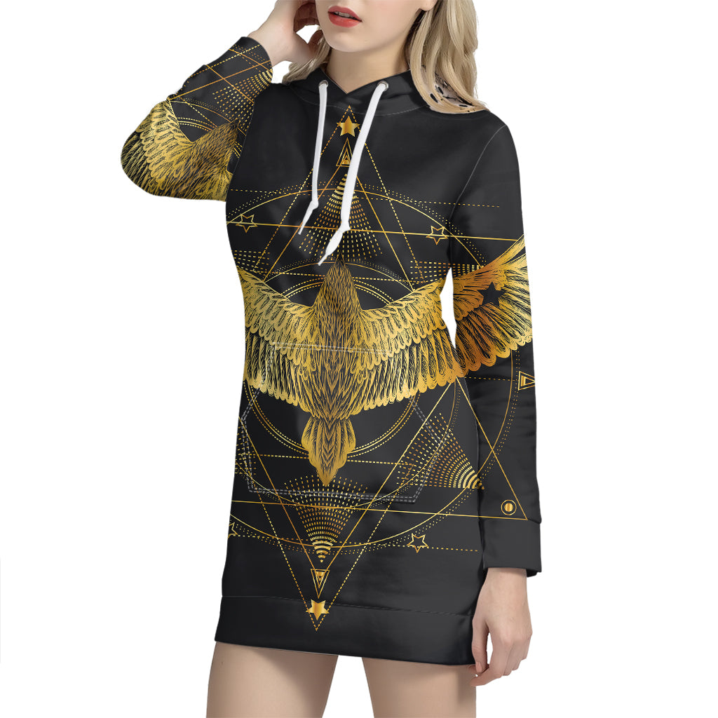 Golden Spiritual Bird Print Pullover Hoodie Dress