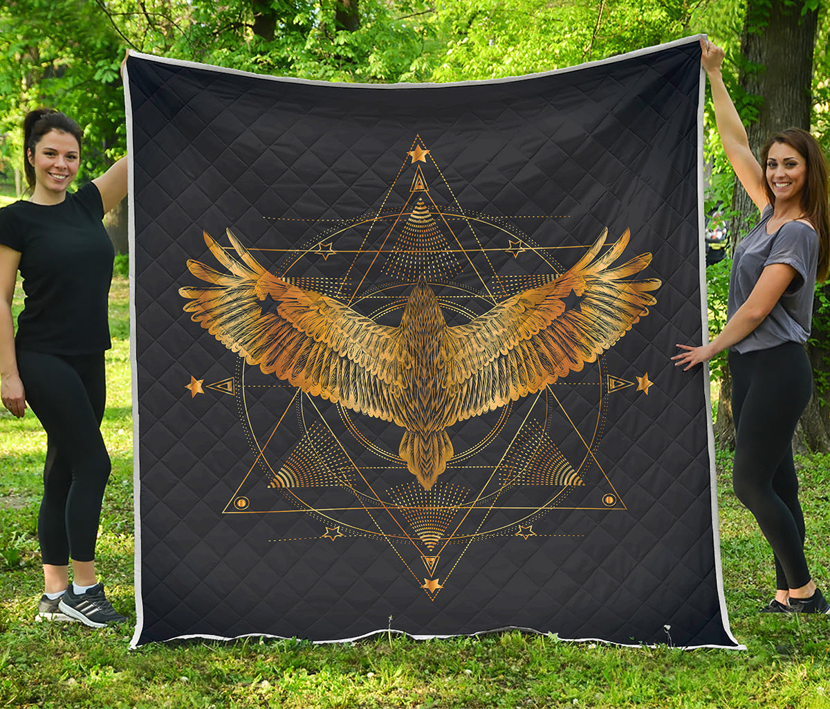 Golden Spiritual Bird Print Quilt