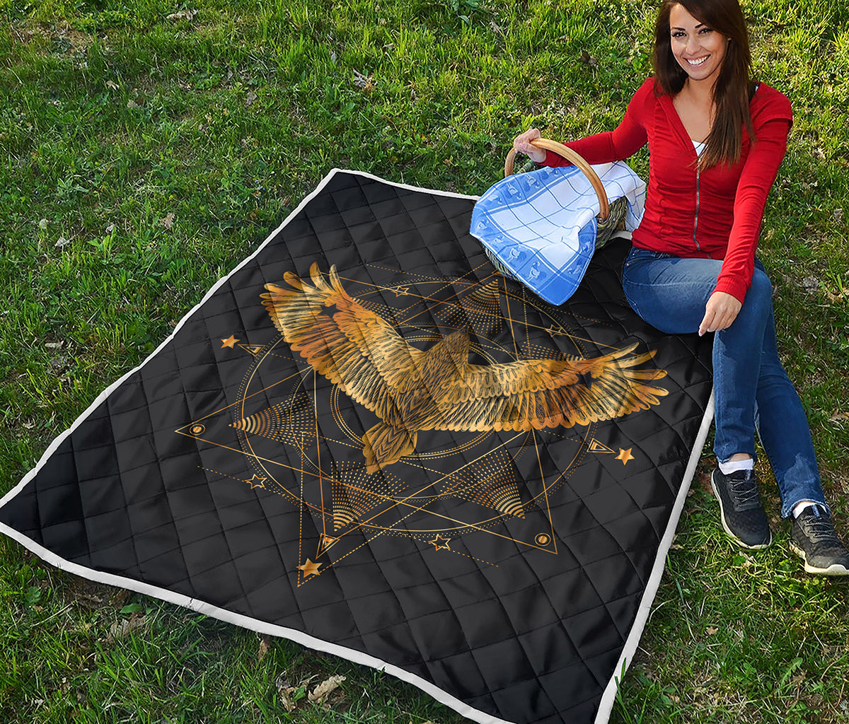 Golden Spiritual Bird Print Quilt