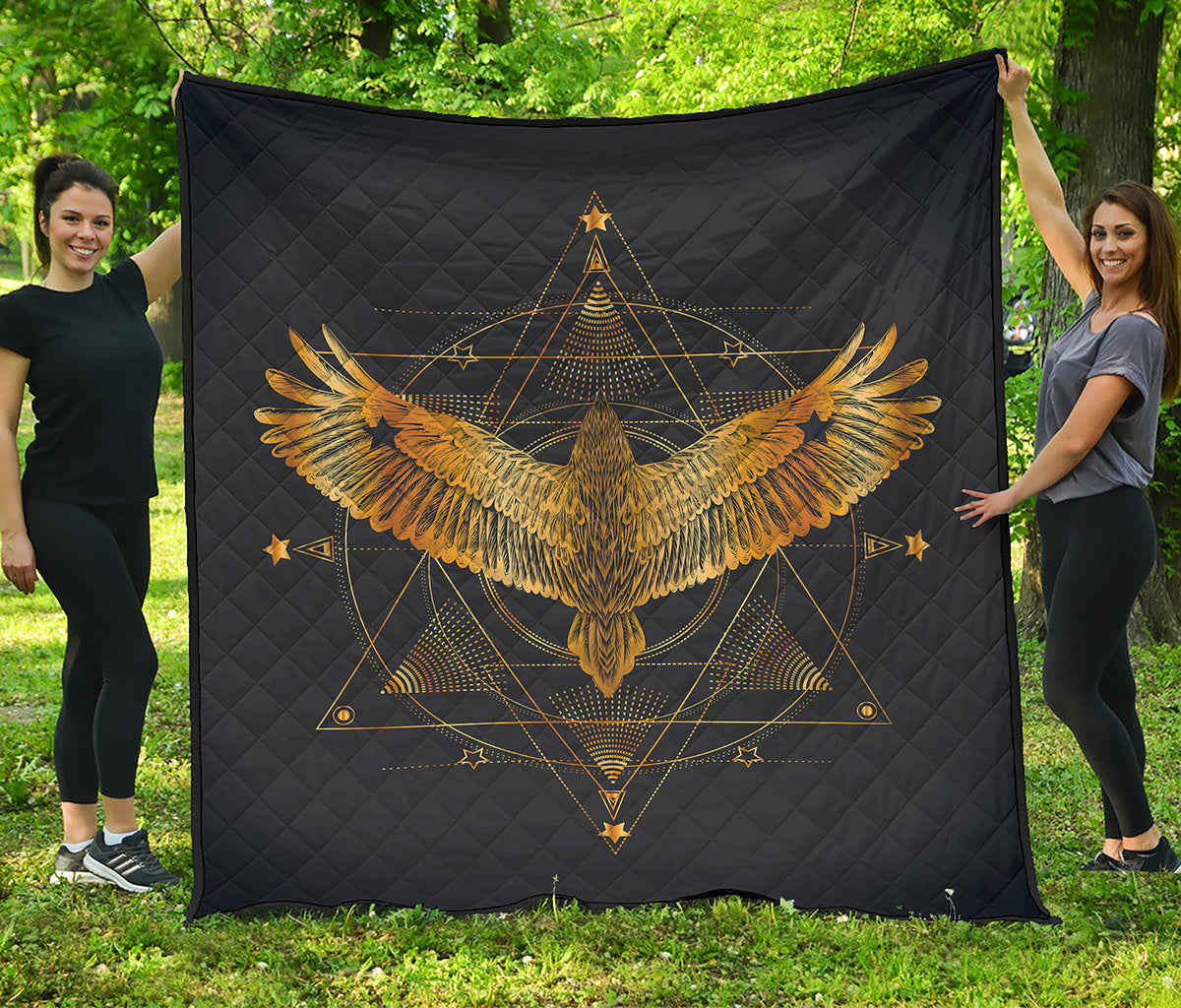 Golden Spiritual Bird Print Quilt