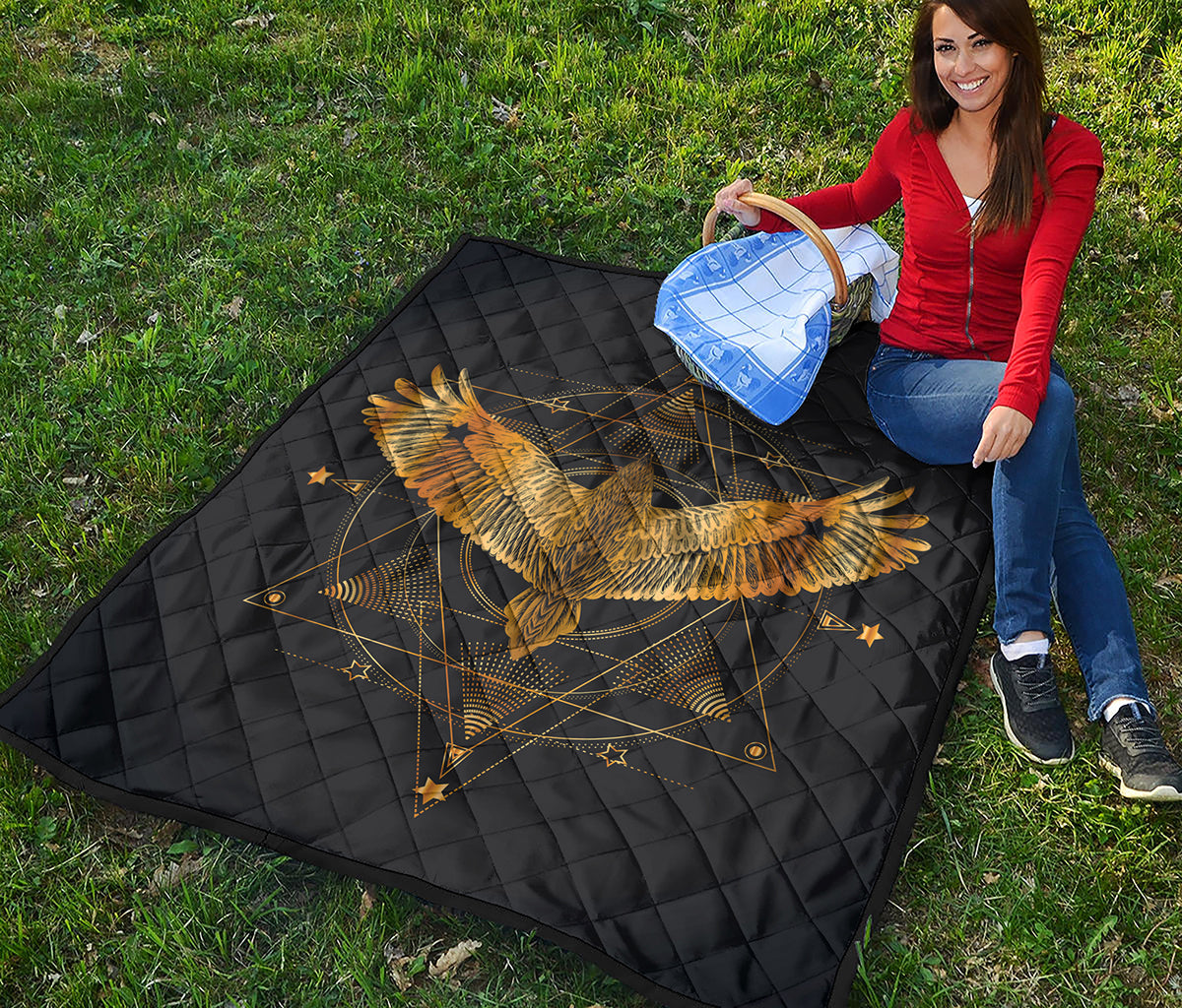 Golden Spiritual Bird Print Quilt