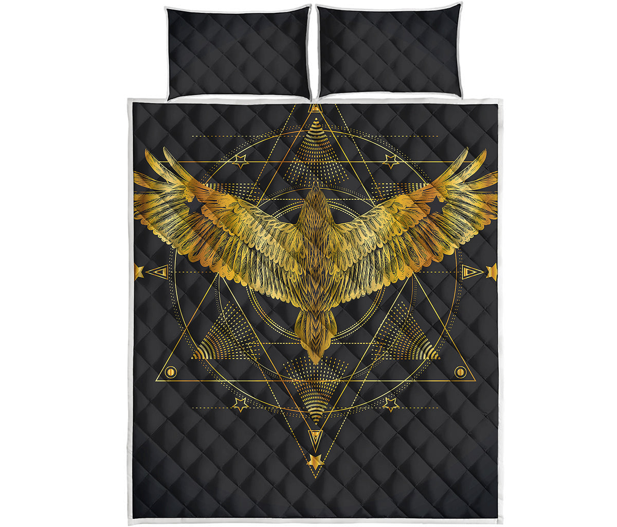 Golden Spiritual Bird Print Quilt Bed Set