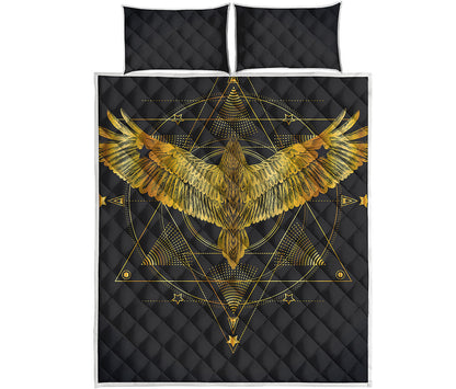Golden Spiritual Bird Print Quilt Bed Set