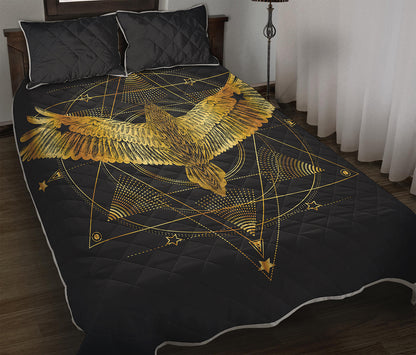 Golden Spiritual Bird Print Quilt Bed Set