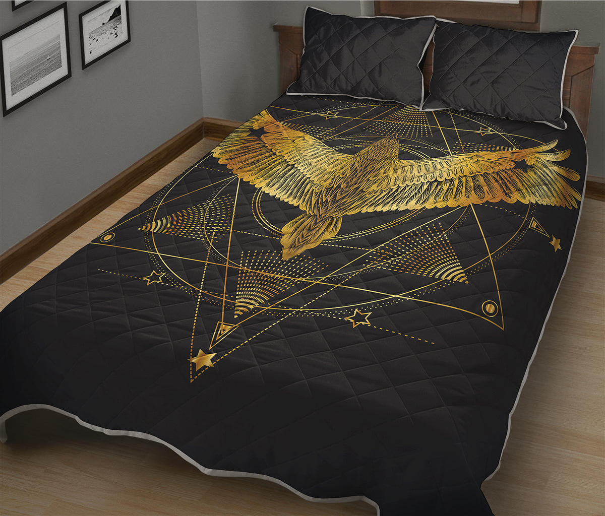 Golden Spiritual Bird Print Quilt Bed Set