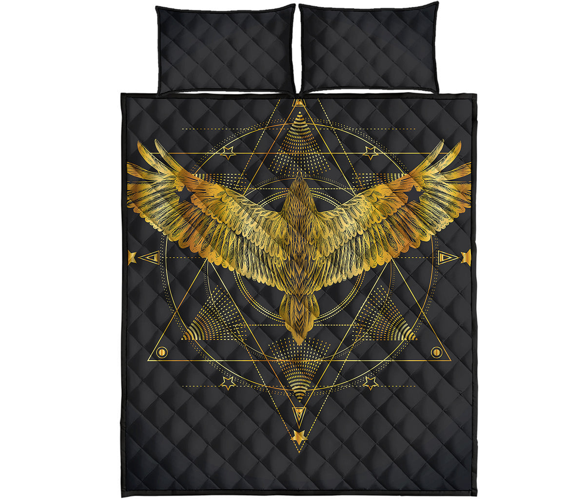 Golden Spiritual Bird Print Quilt Bed Set