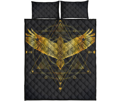 Golden Spiritual Bird Print Quilt Bed Set