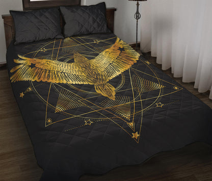 Golden Spiritual Bird Print Quilt Bed Set
