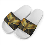 Golden Spiritual Bird Print White Slide Sandals