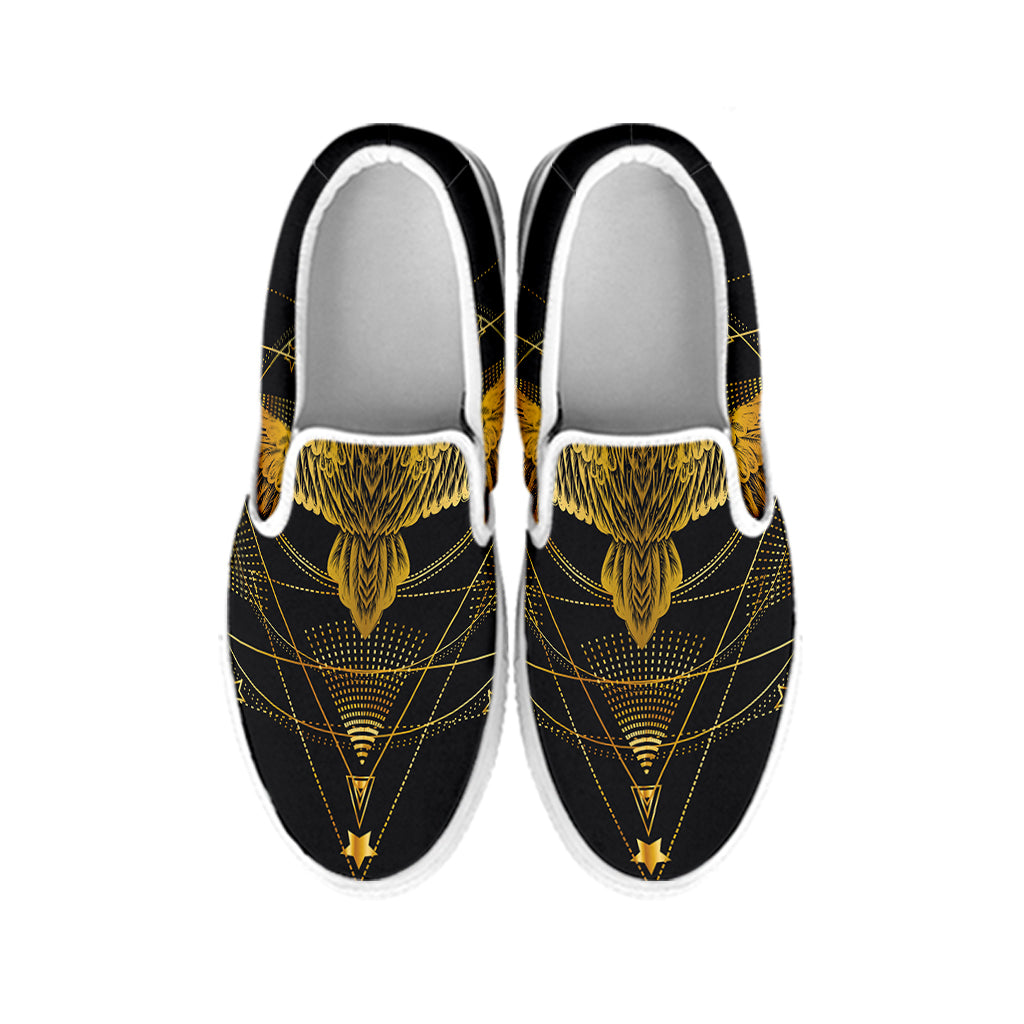 Golden Spiritual Bird Print White Slip On Shoes