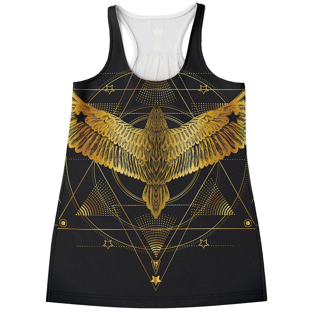 Golden Spiritual Bird Print Women's Racerback Tank Top