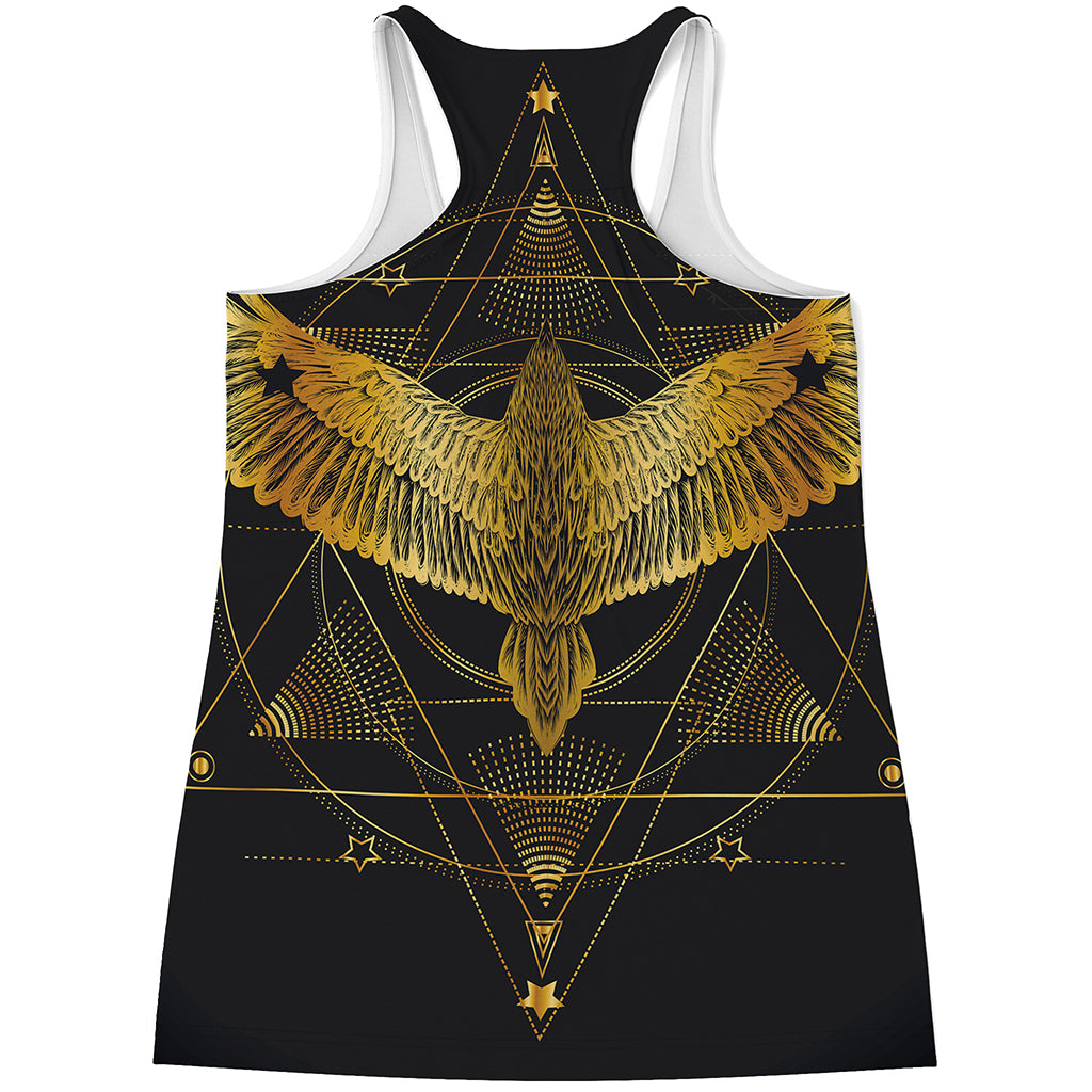 Golden Spiritual Bird Print Women's Racerback Tank Top