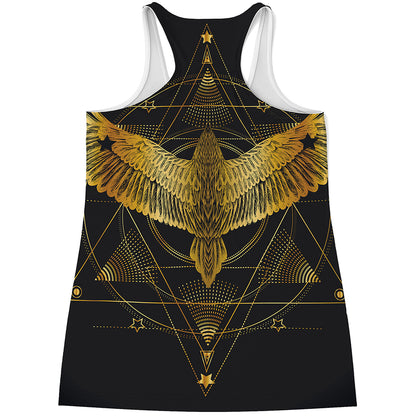 Golden Spiritual Bird Print Women's Racerback Tank Top