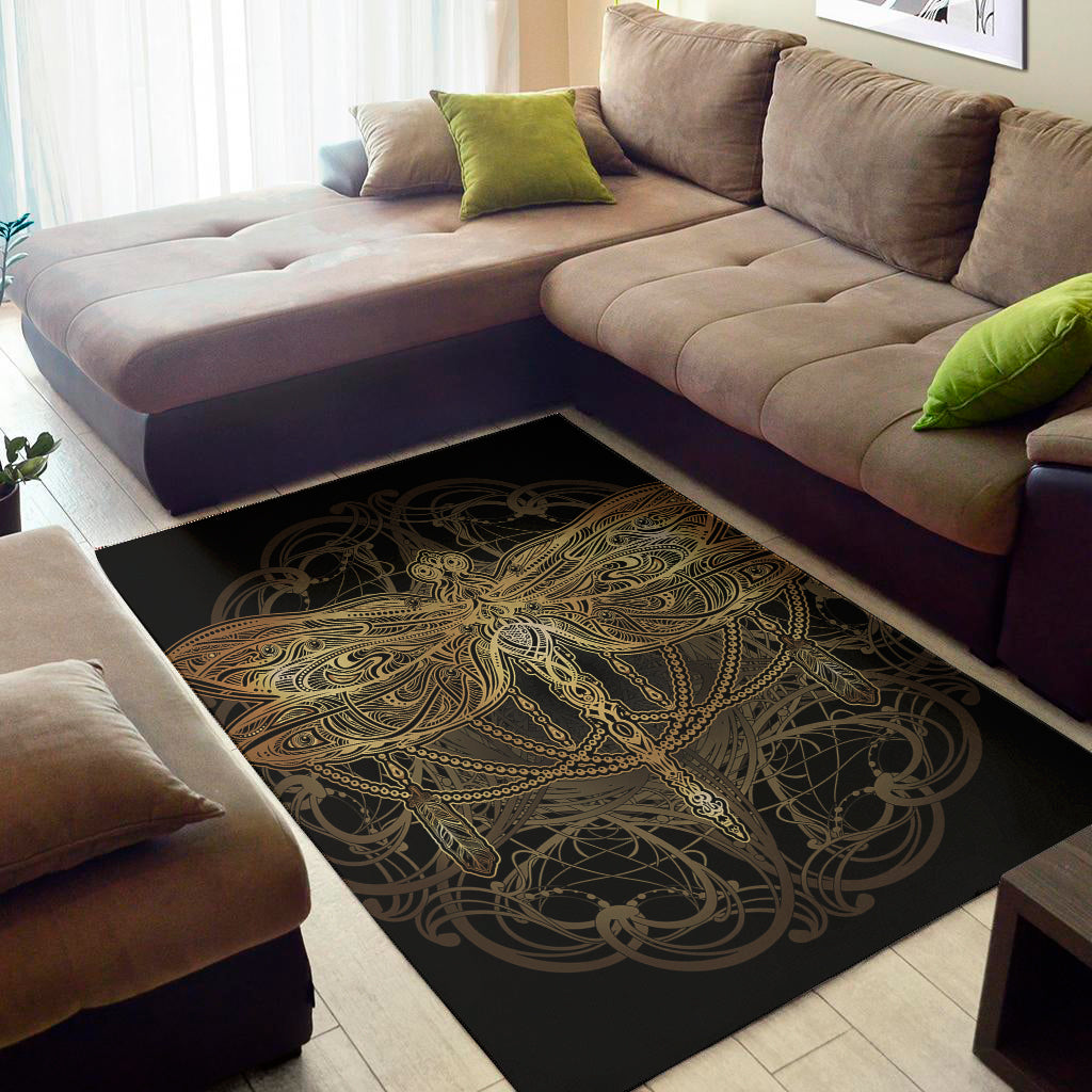 Golden Spiritual Dragonfly Print Area Rug