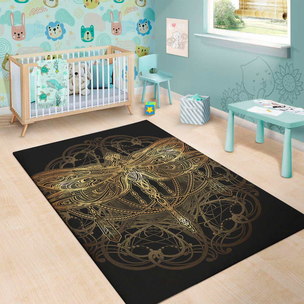 Golden Spiritual Dragonfly Print Area Rug