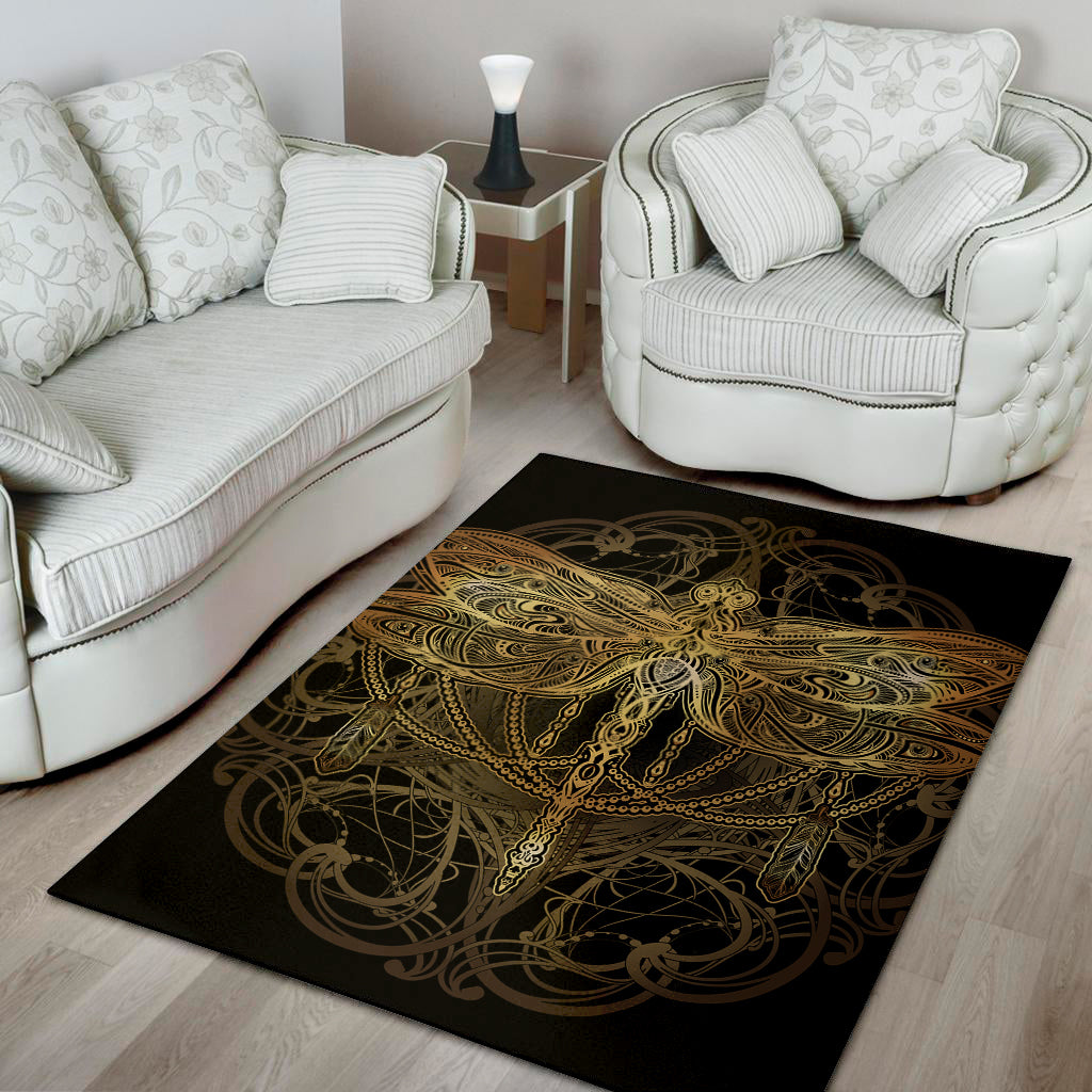 Golden Spiritual Dragonfly Print Area Rug