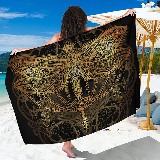 Golden Spiritual Dragonfly Print Beach Sarong Wrap