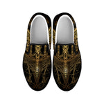 Golden Spiritual Dragonfly Print Black Slip On Shoes