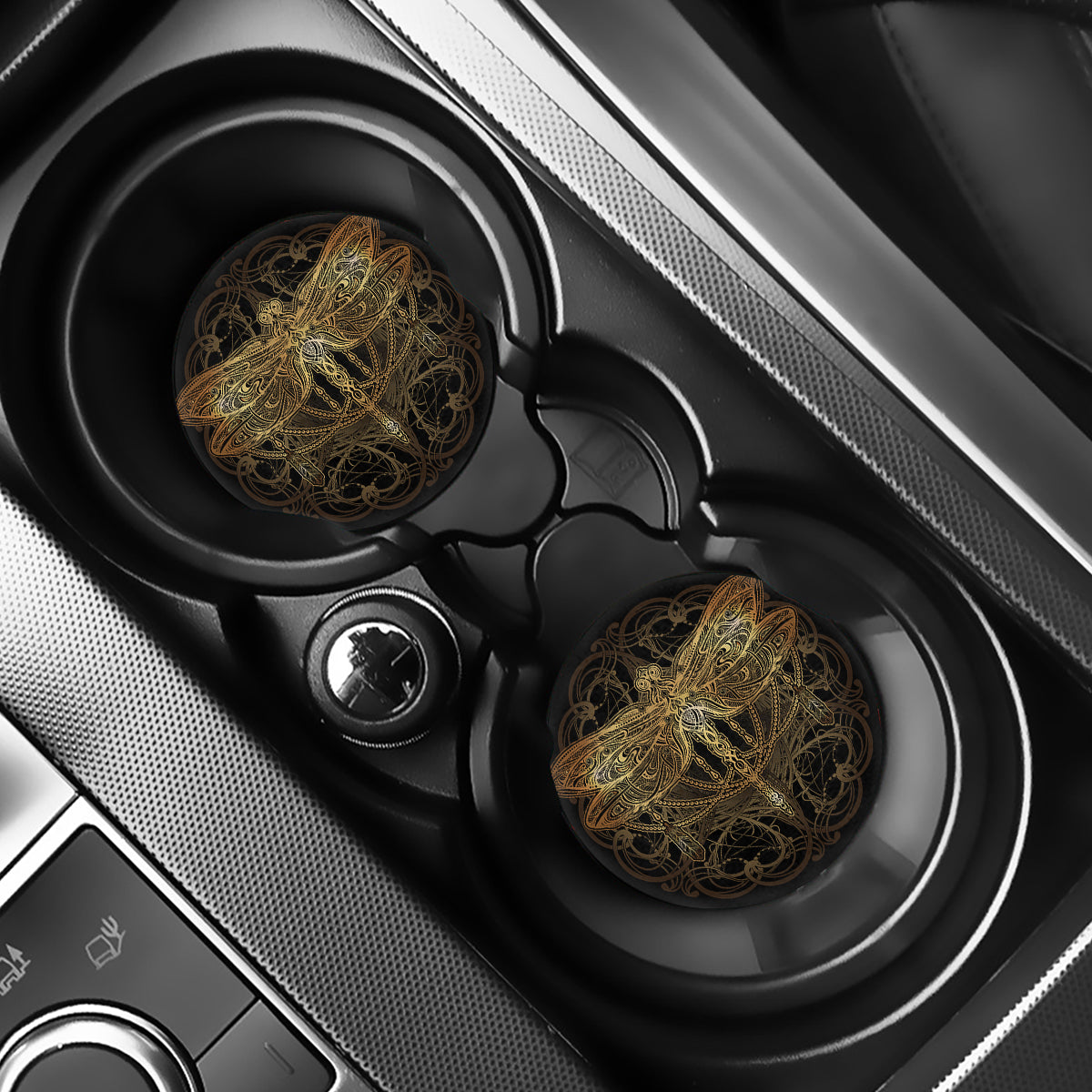 Golden Spiritual Dragonfly Print Car Coasters