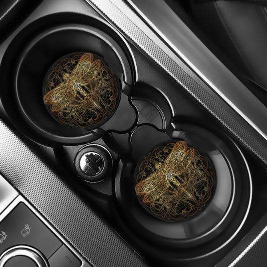 Golden Spiritual Dragonfly Print Car Coasters