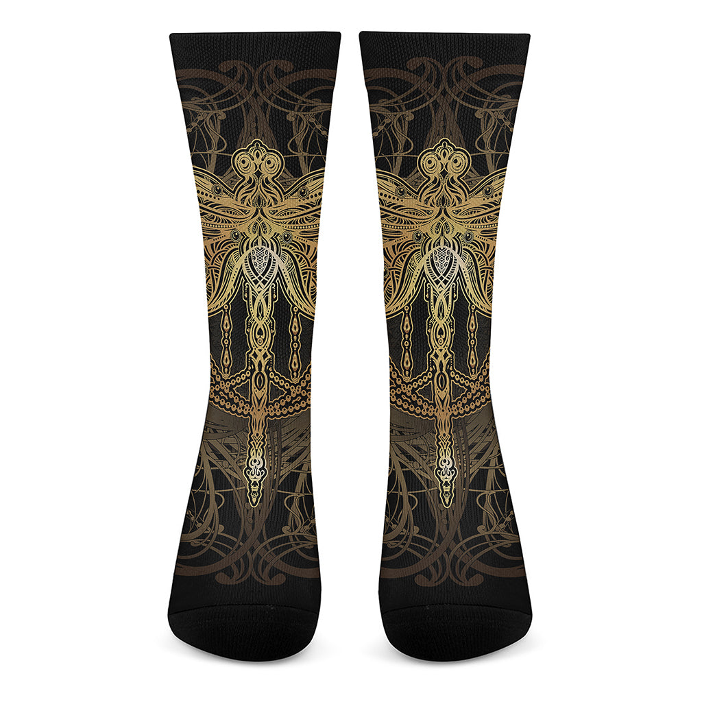 Golden Spiritual Dragonfly Print Crew Socks