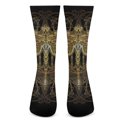 Golden Spiritual Dragonfly Print Crew Socks