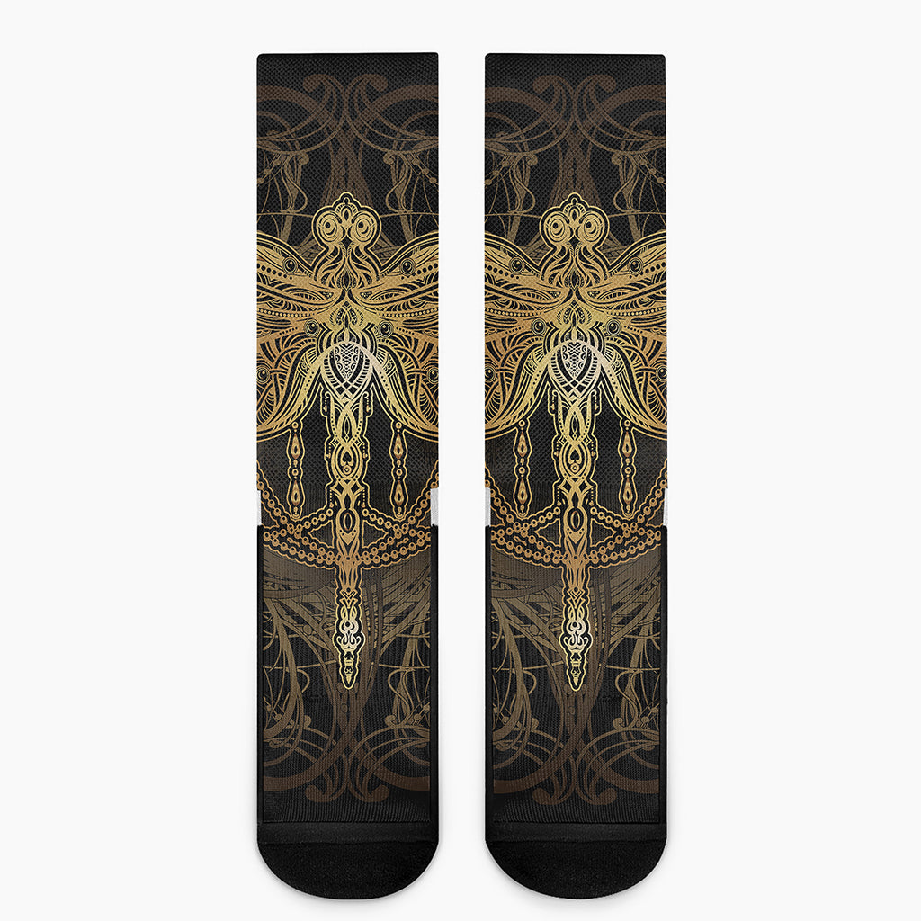 Golden Spiritual Dragonfly Print Crew Socks