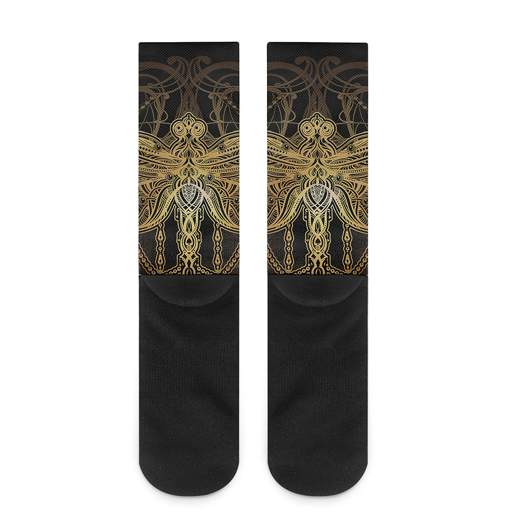 Golden Spiritual Dragonfly Print Crew Socks