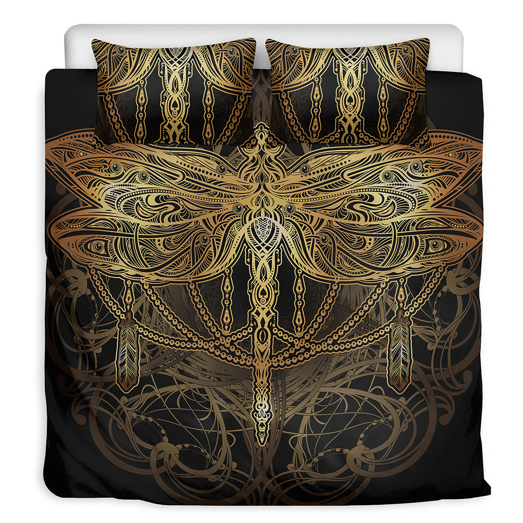 Golden Spiritual Dragonfly Print Duvet Cover Bedding Set