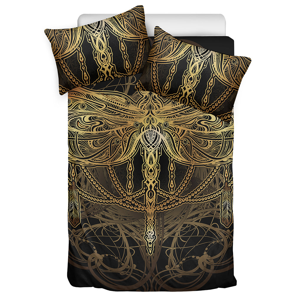 Golden Spiritual Dragonfly Print Duvet Cover Bedding Set