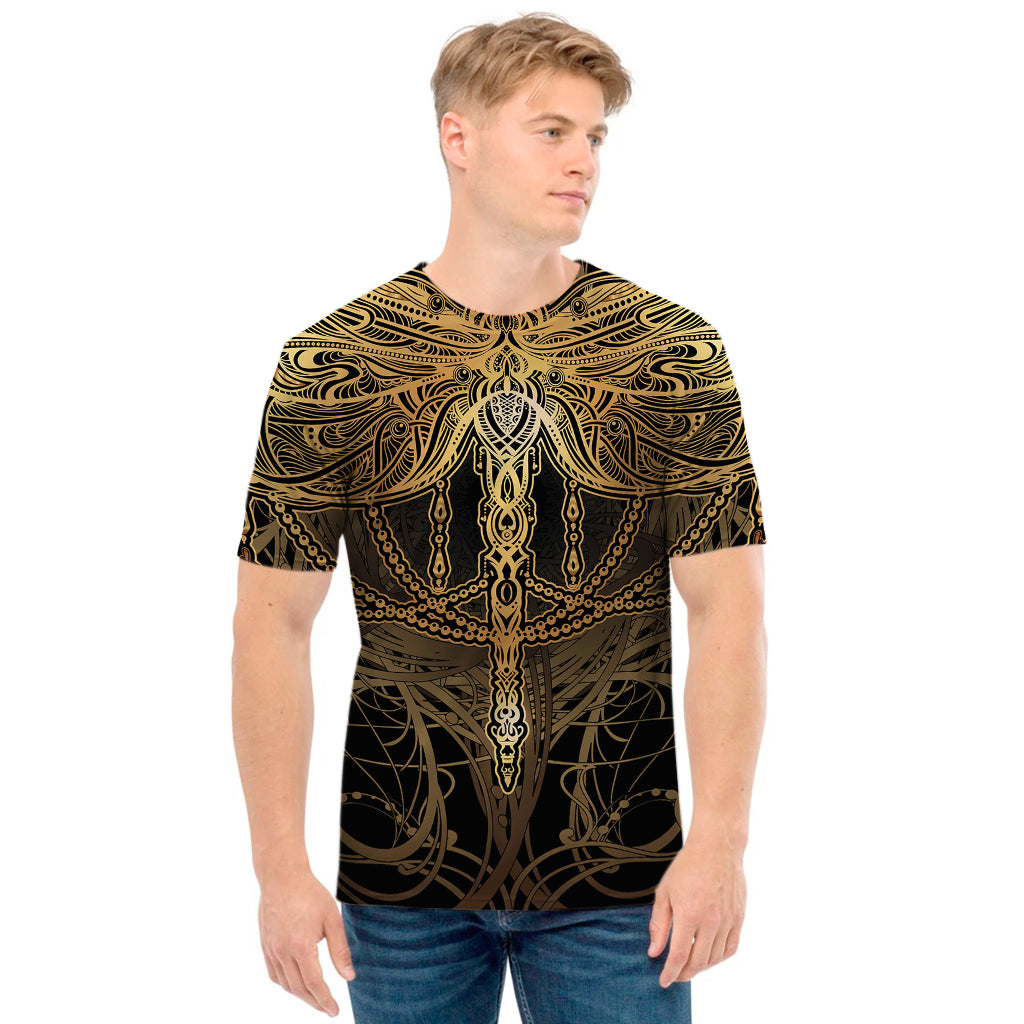 Golden Spiritual Dragonfly Print Men's T-Shirt