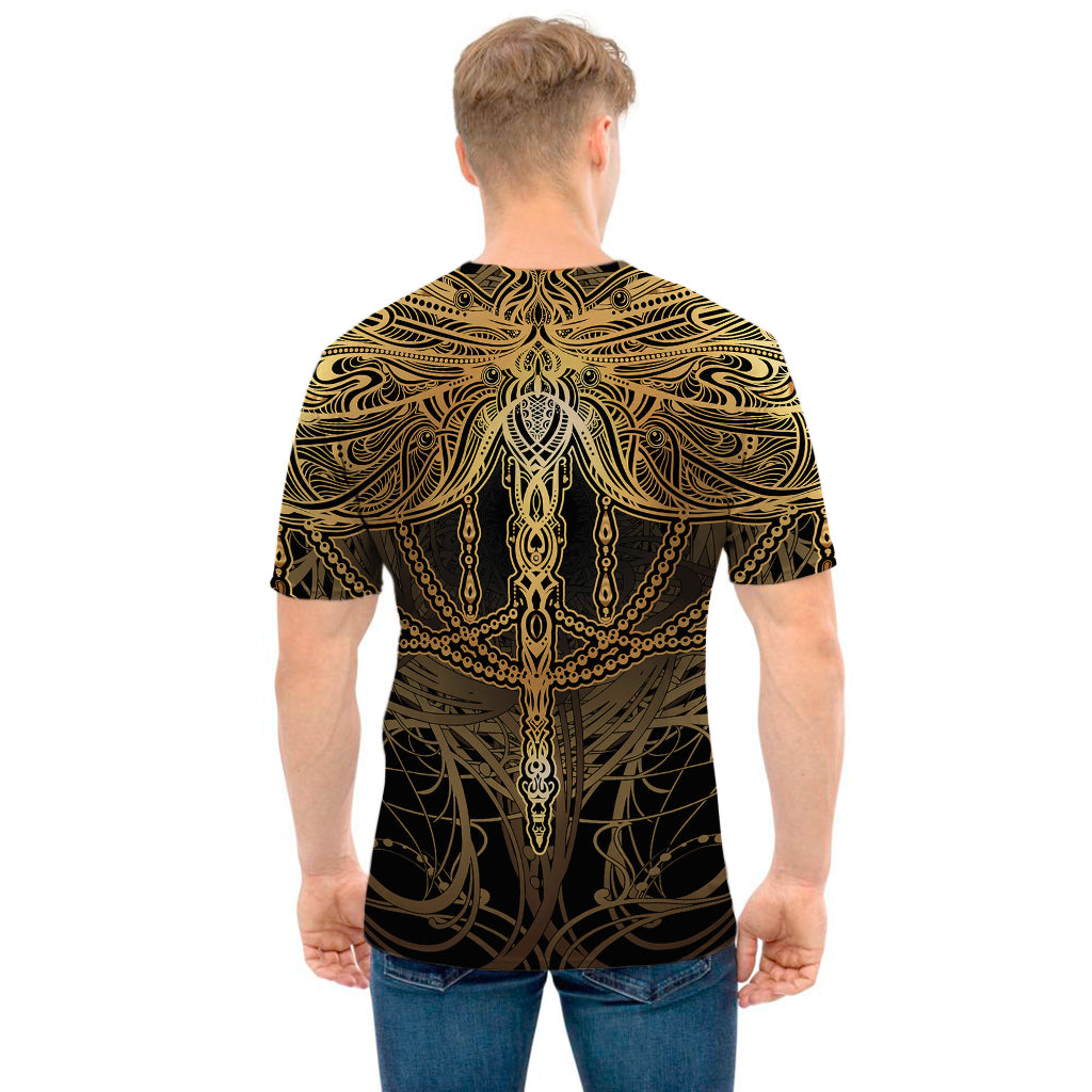 Golden Spiritual Dragonfly Print Men's T-Shirt