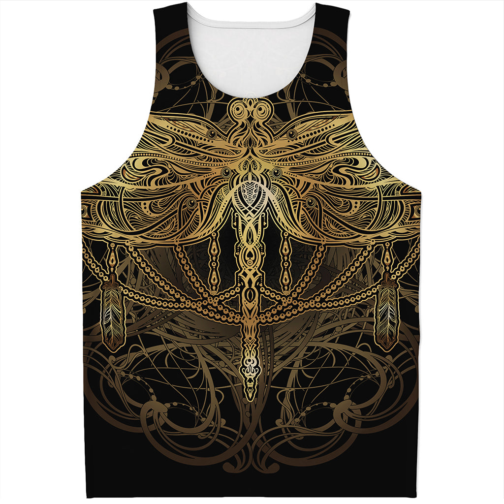 Golden Spiritual Dragonfly Print Men's Tank Top