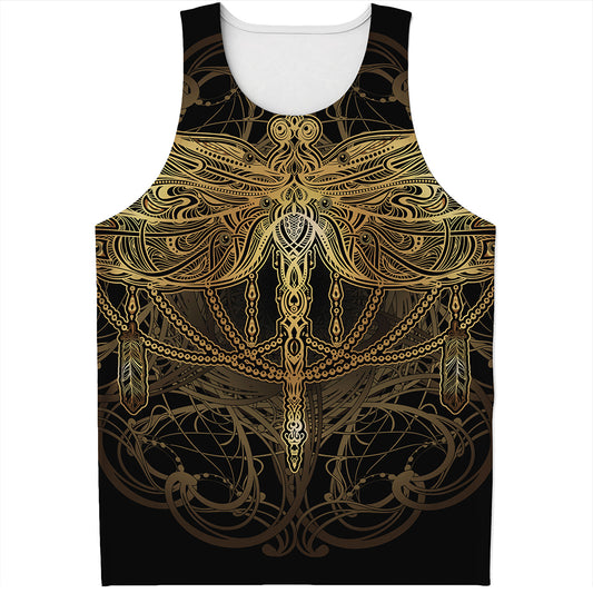 Golden Spiritual Dragonfly Print Men's Tank Top