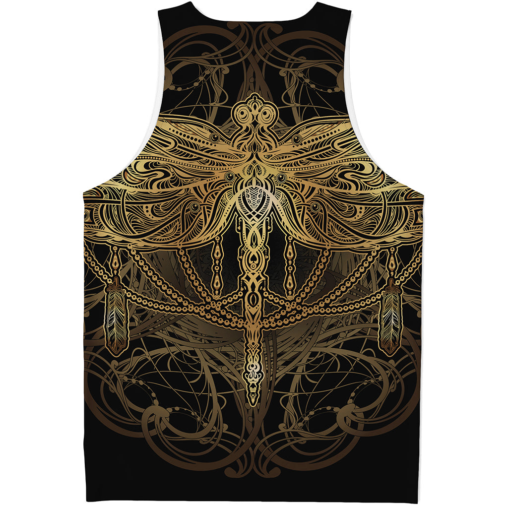 Golden Spiritual Dragonfly Print Men's Tank Top