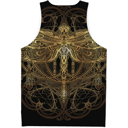 Golden Spiritual Dragonfly Print Men's Tank Top