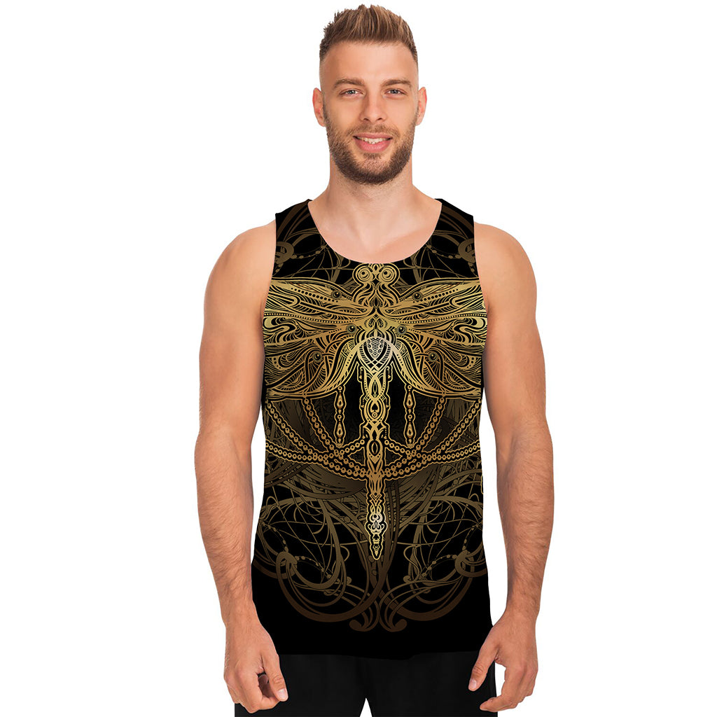 Golden Spiritual Dragonfly Print Men's Tank Top