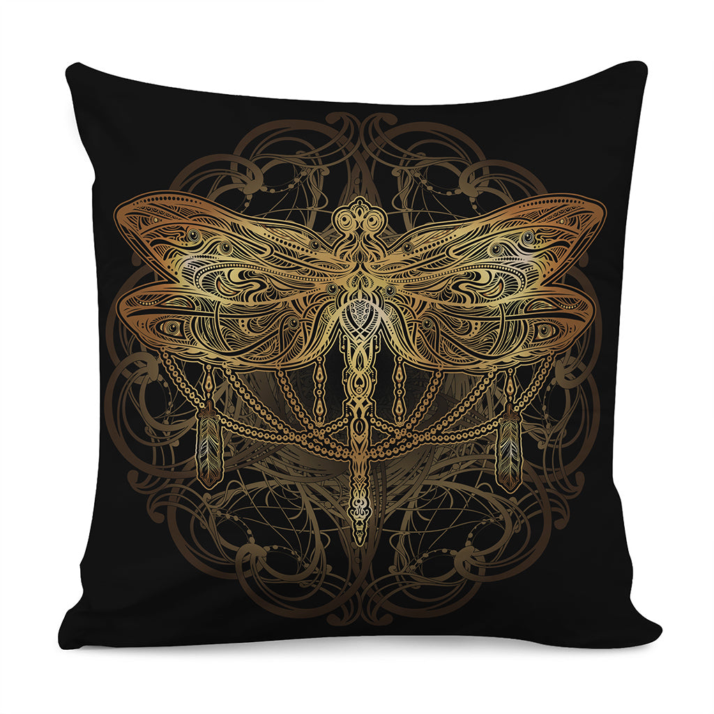 Golden Spiritual Dragonfly Print Pillow Cover